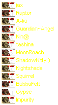 jax, Rap, A-ko, GA, Nina, tash, Moony, Kitty, Night, Squirrly, Bobba, Gypse, Imp