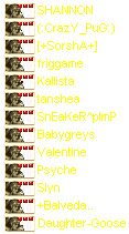 Shan, Pug, Sorsh, frig, Kall, tan, Pimp, BG, Val, Psyche, Siyn, Balvy, DG
